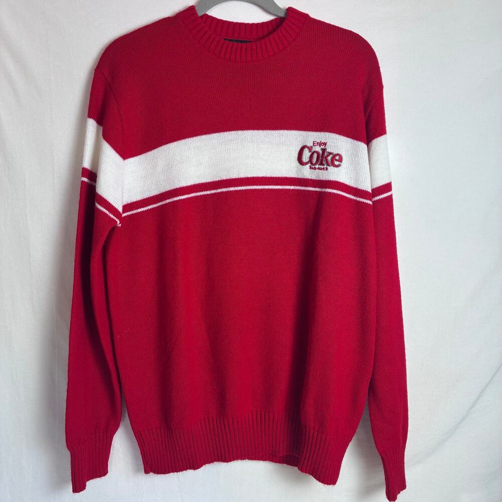 ⁠Vintage 80s Enjoy Coke Sweater Red White Stripe Knit Coca Cola USA Large⁠
